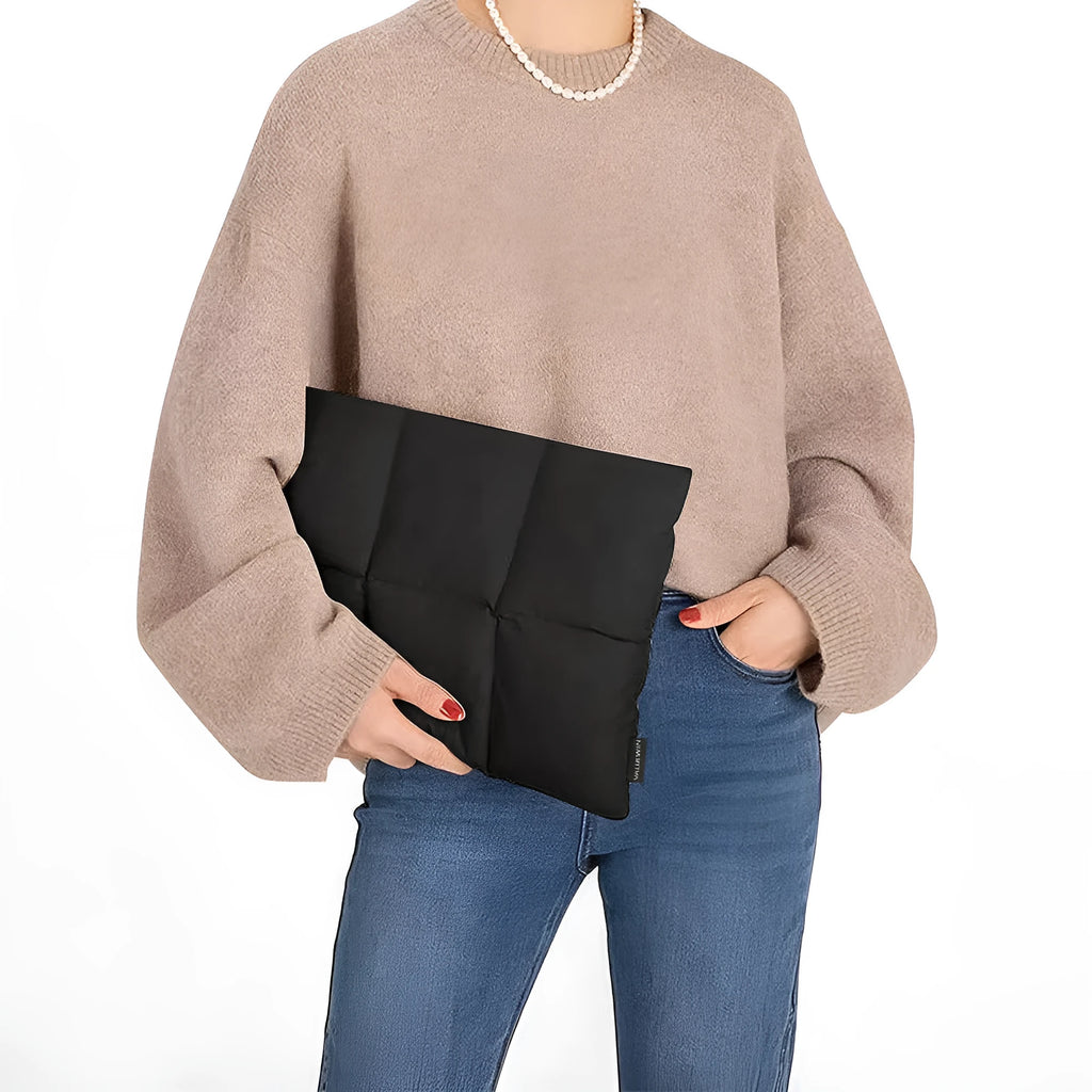 Soft fluffy laptop sleeve in black or khaki for 13 to 15.6 inch computers with retro sewing thread details