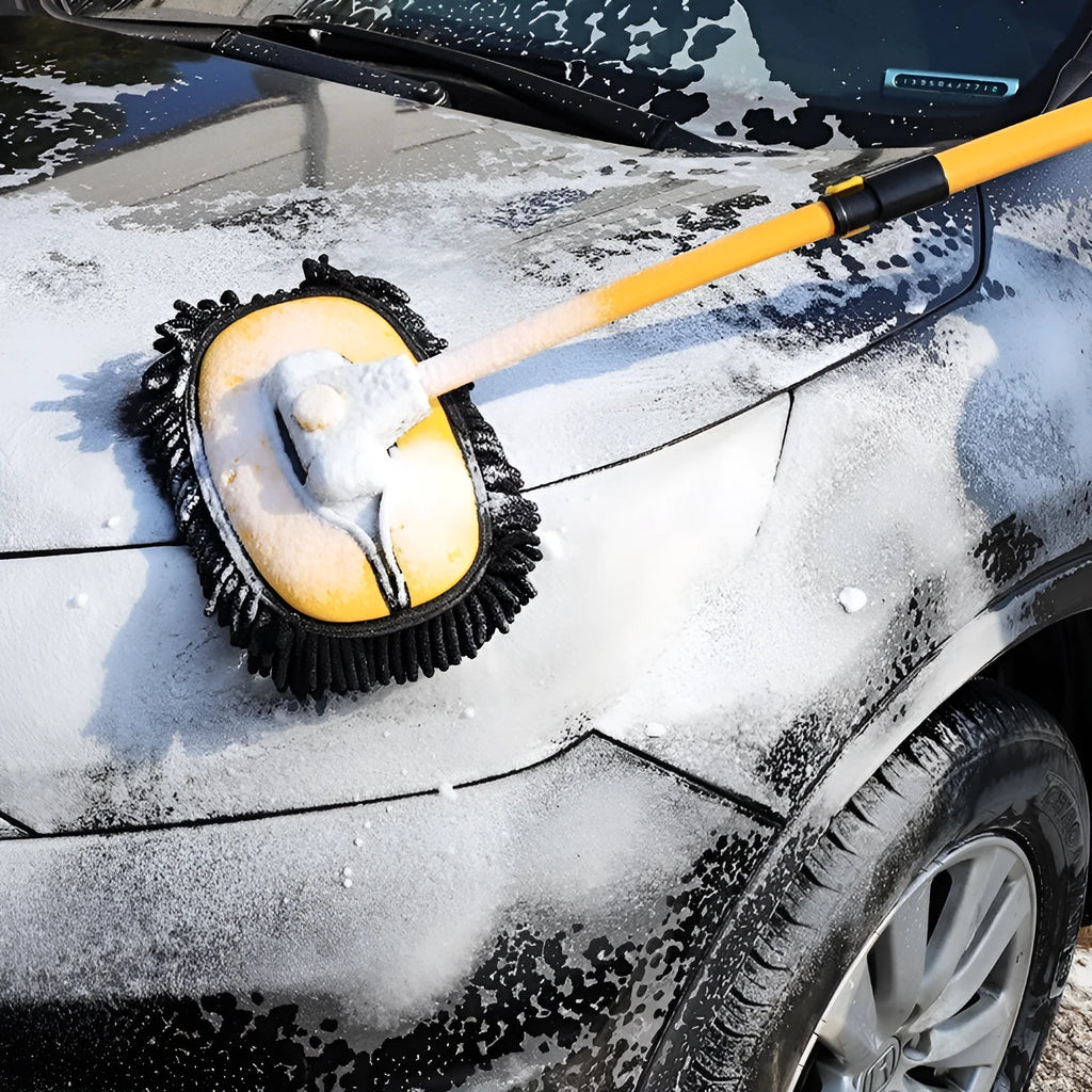 Telescopic curved rod car cleaning brush with aluminium chenille head, shown with a spare brush head, in blue and yellow colours.
