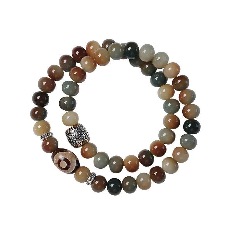 Dunhuang style double ring bracelet made from brown bodhi seeds, showing detailed bead texture.