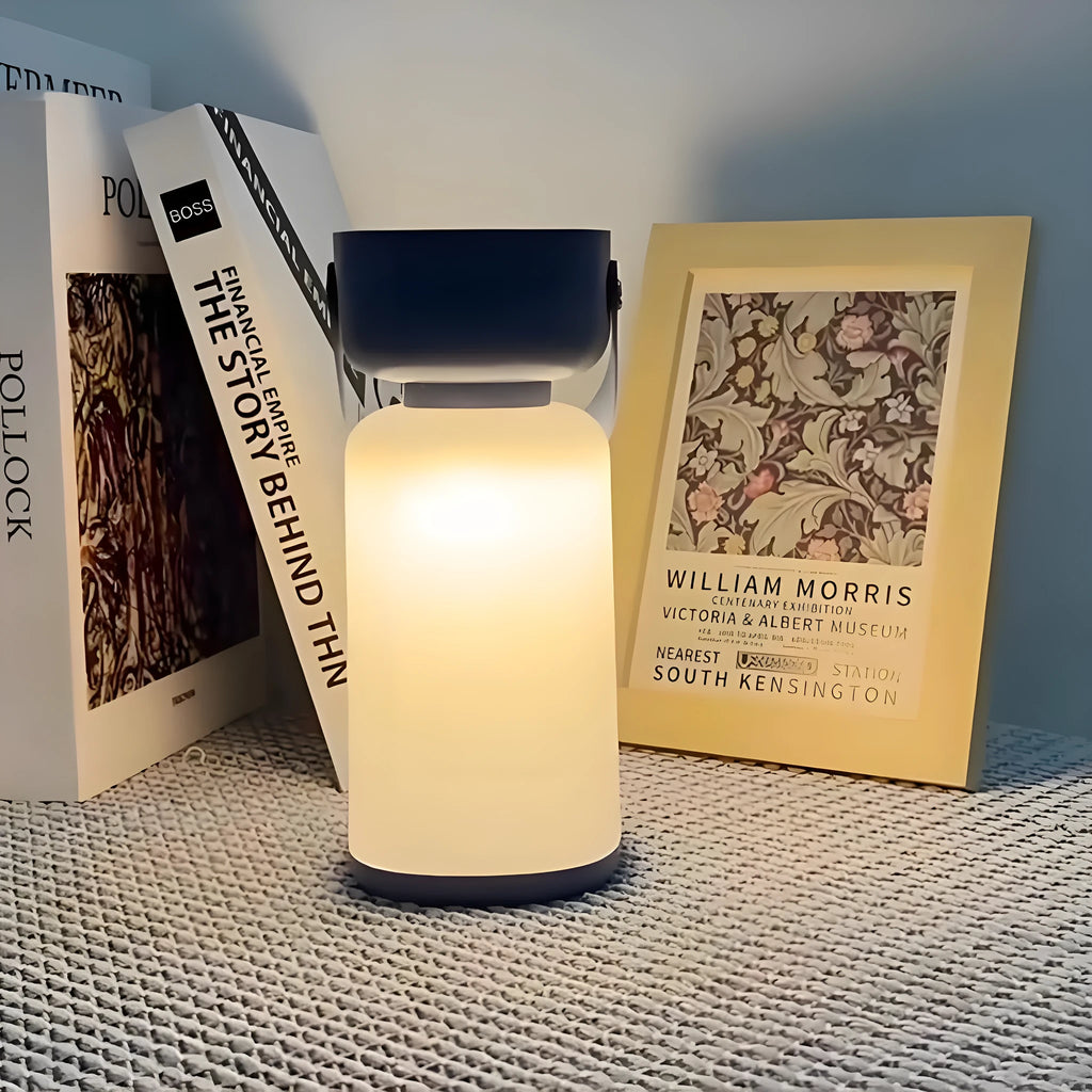 Portable LED camping lantern in blue or brown yellow, USB rechargeable, waterproof, ≤36V, for outdoor use