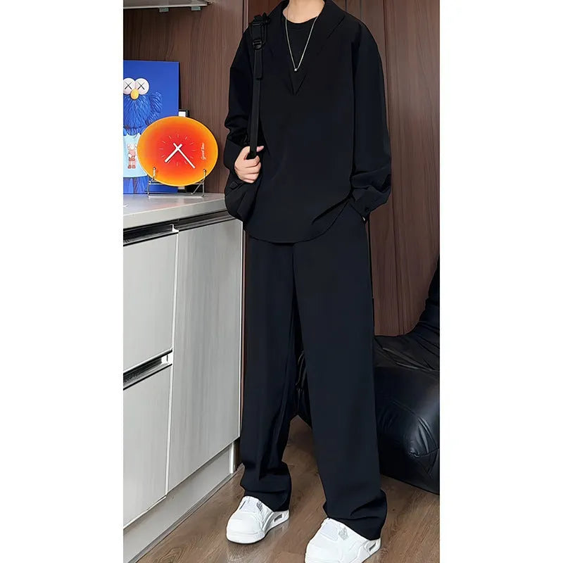 Men's black slim fit polo shirt and trousers two-piece casual suit made from elastic hemp fabric