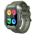 Men's smartwatch with silicone wristband showing camouflage green colour and 45mm case displaying health metrics