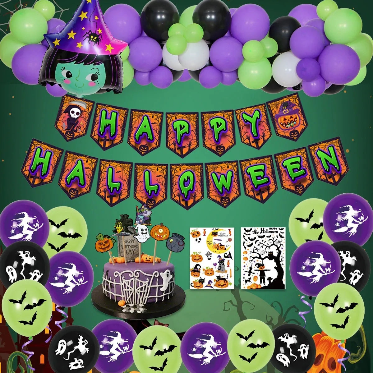 Halloween balloon decoration combo with spider arch and skull pumpkin themed balloons in white and black colours