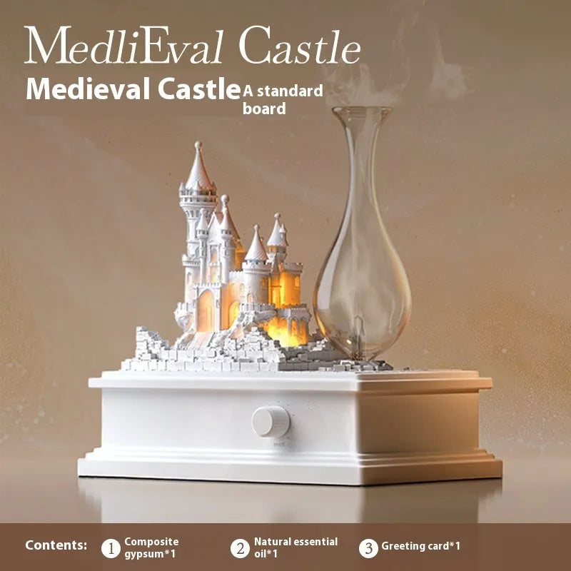 White medieval castle-shaped waterless aromatherapy diffuser with ambient light on a table.