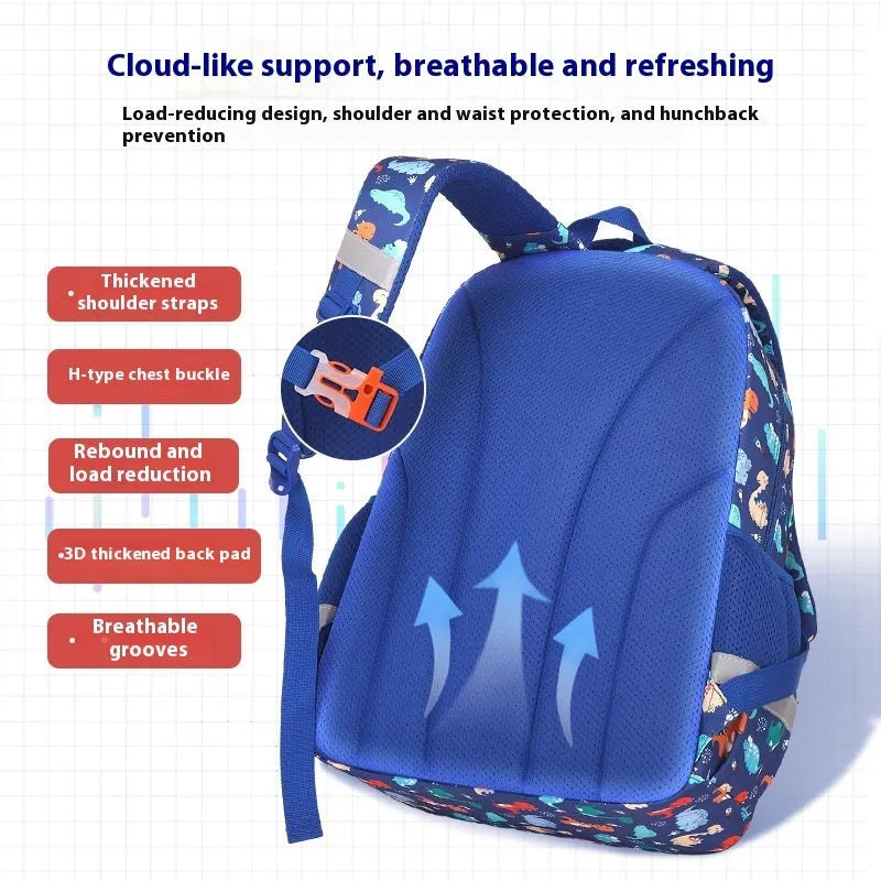Children's waterproof Oxford cloth school backpack in dinosaur pattern with curved shoulder straps