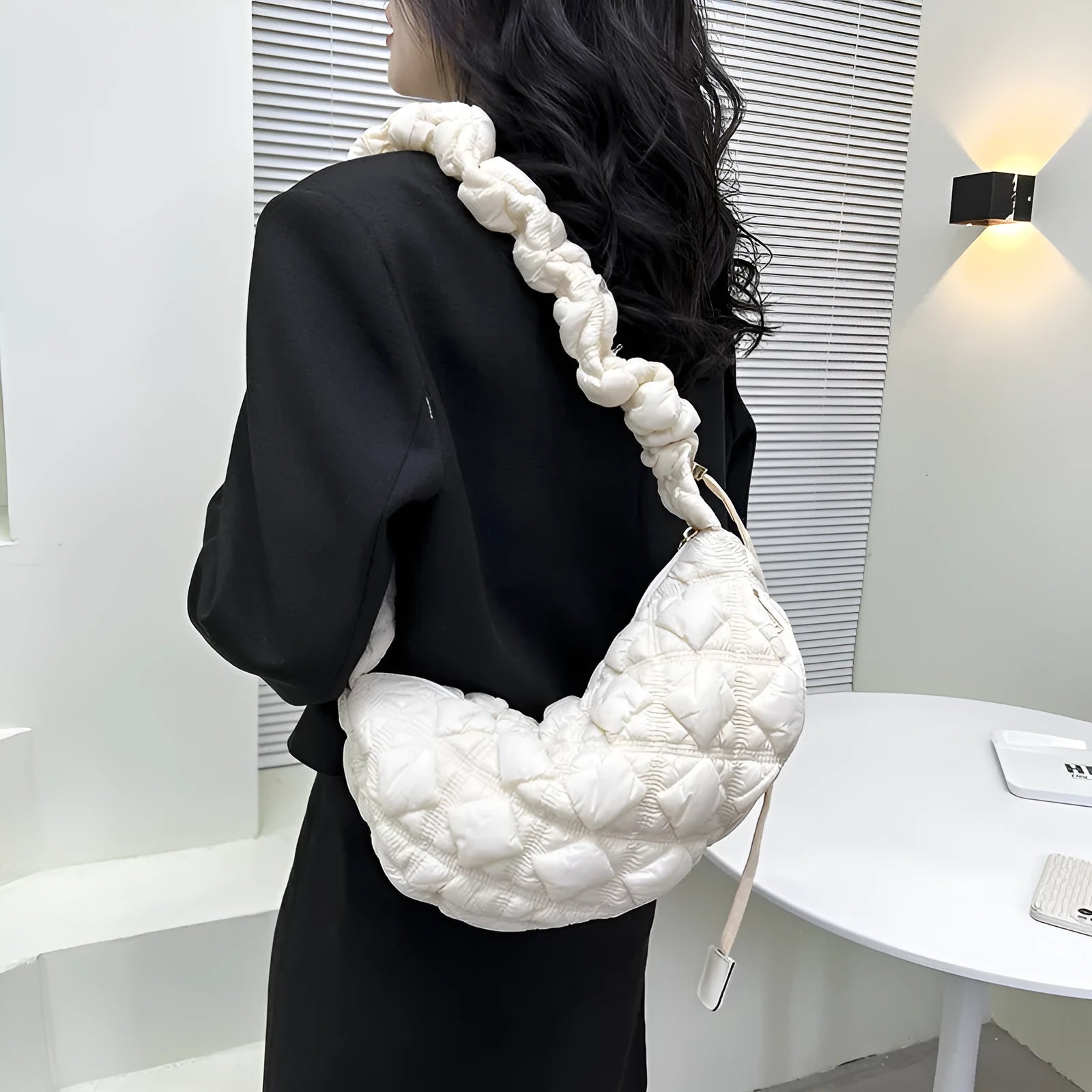 Light beige women's casual nylon shoulder messenger bag with a long adjustable strap.