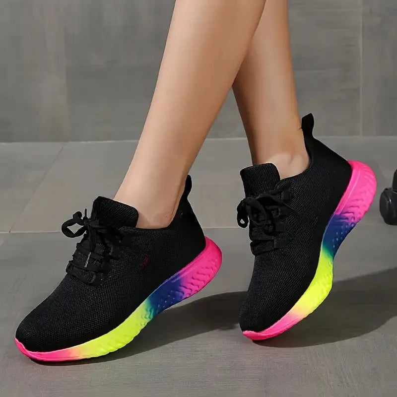 Women's lace-up mesh trainers with rainbow sole in black, white or yellow, sizes 36-43