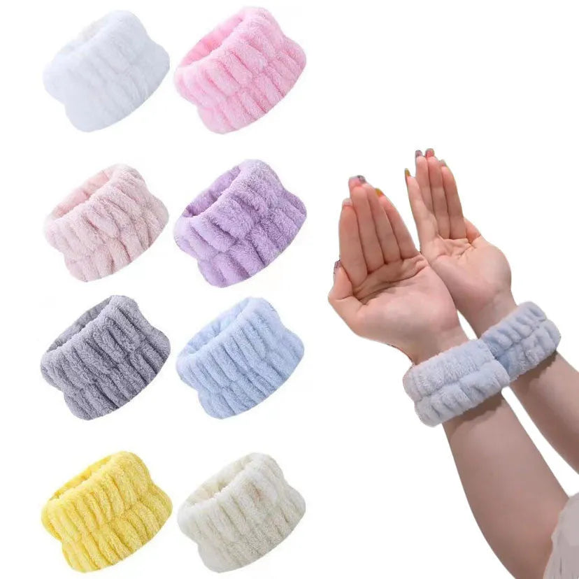 Coral velvet wrist washbands in white, pink, light blue, grey, and lavender for face washing and beauty routines.
