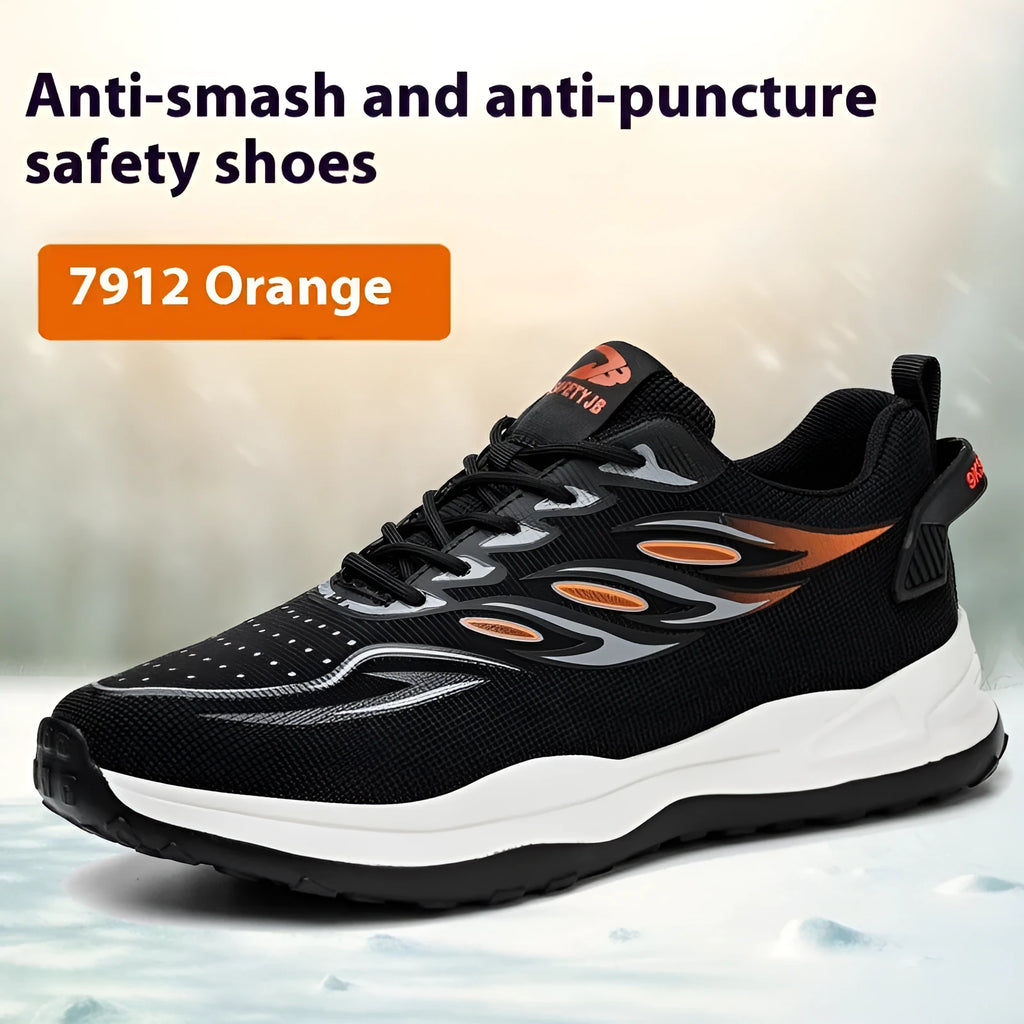 Orange and grey lightweight labour protection shoes with leather upper and rubber sole