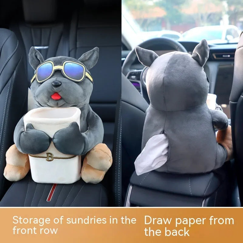 Plush car tissue box with creative dog design hanging on flip armrest box, 27x33cm