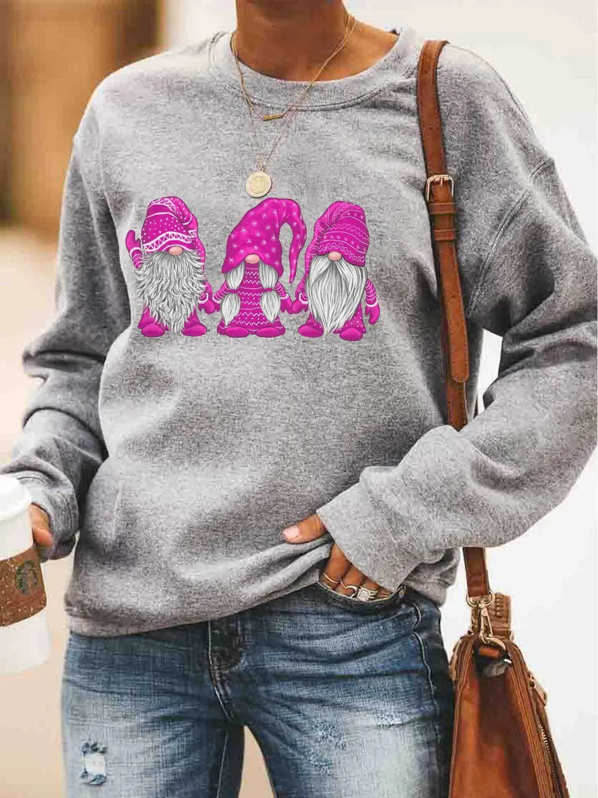 Women's Christmas jumper with Santa Claus print in red, blue, green, pink purple, or purple, cotton fabric, sizes S to XXXL