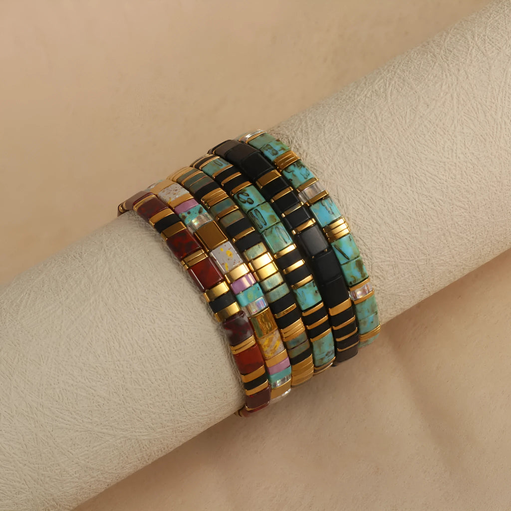 European fashion beaded bracelet with geometric glass and glaze beads in five colour options