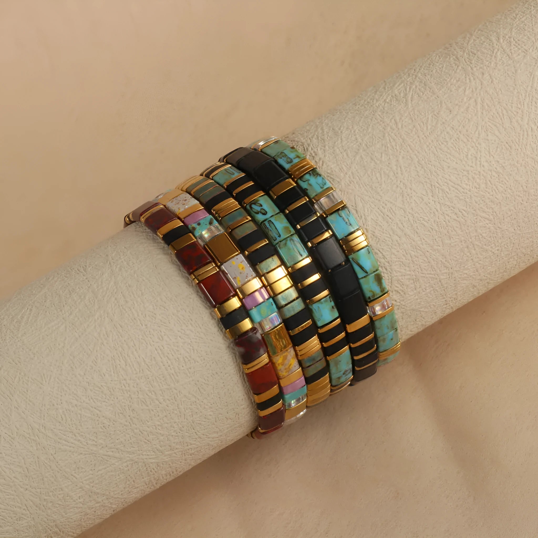 European fashion beaded bracelet with geometric glass and glaze beads in five colour options
