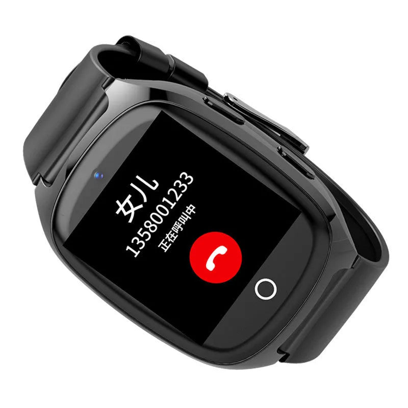 Black GPS tracker smartwatch with 1.54-inch touch screen showing location interface
