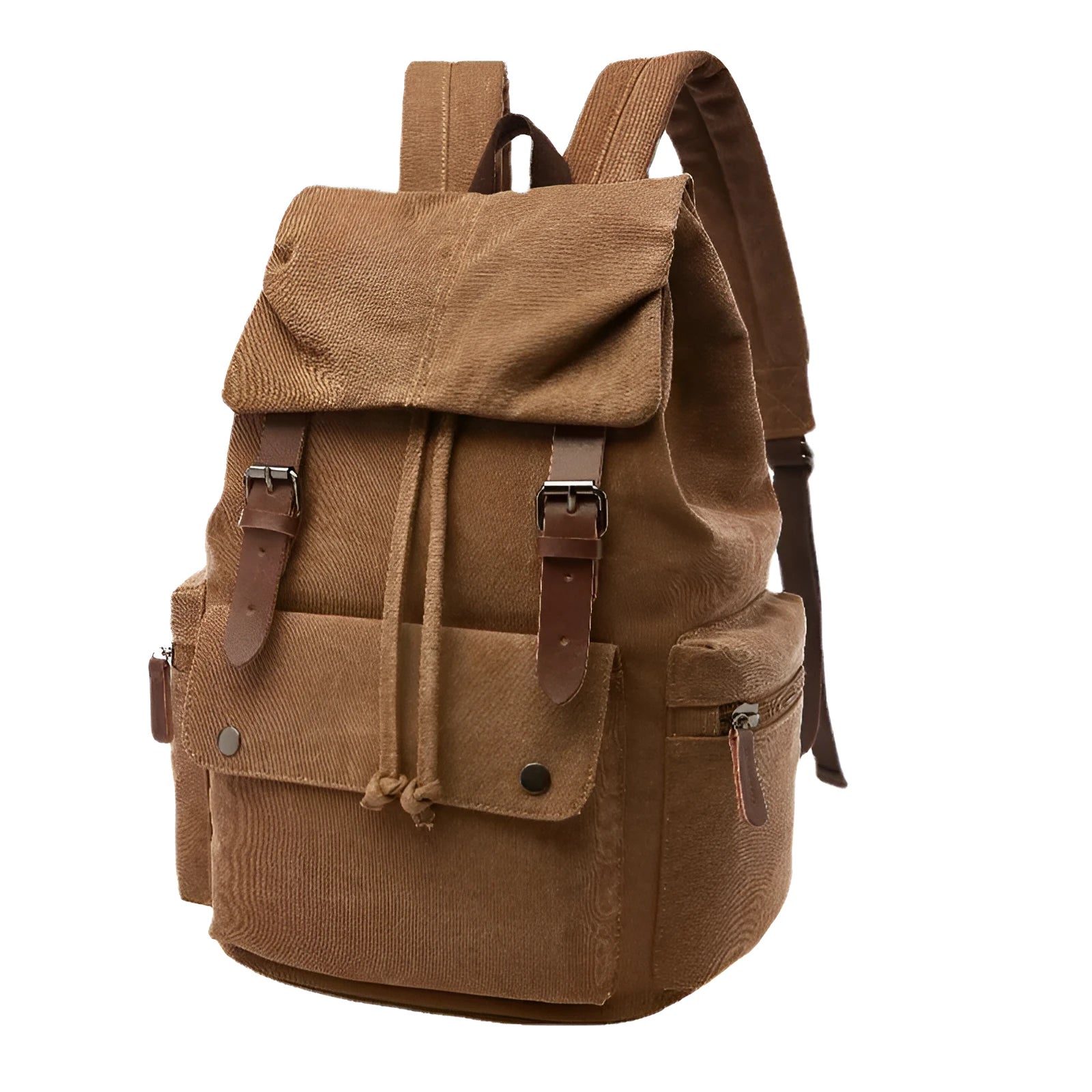 Canvas travel backpack in solid colour with sewing line details, capacity below 20L