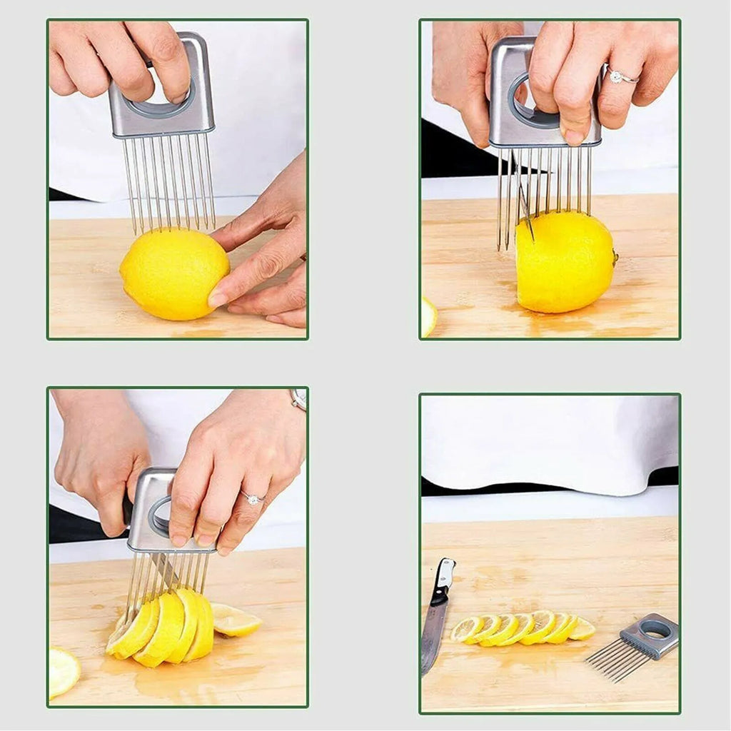 Stainless steel onion holder slicer with ultra-sharp prongs and finger guard for kitchen vegetable cutting