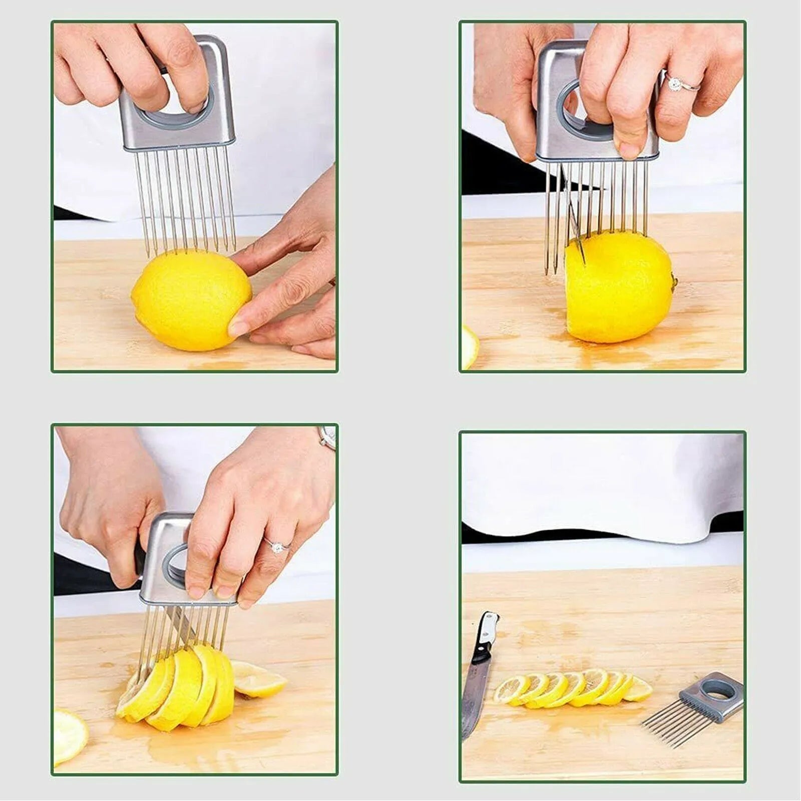 Stainless steel onion holder slicer with ultra-sharp prongs and finger guard for kitchen vegetable cutting