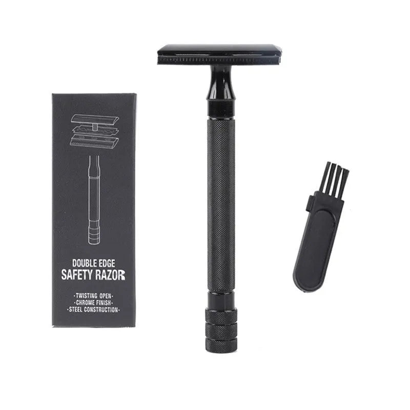 Traditional manual shaving razor with brush combination set in black or silver finish
