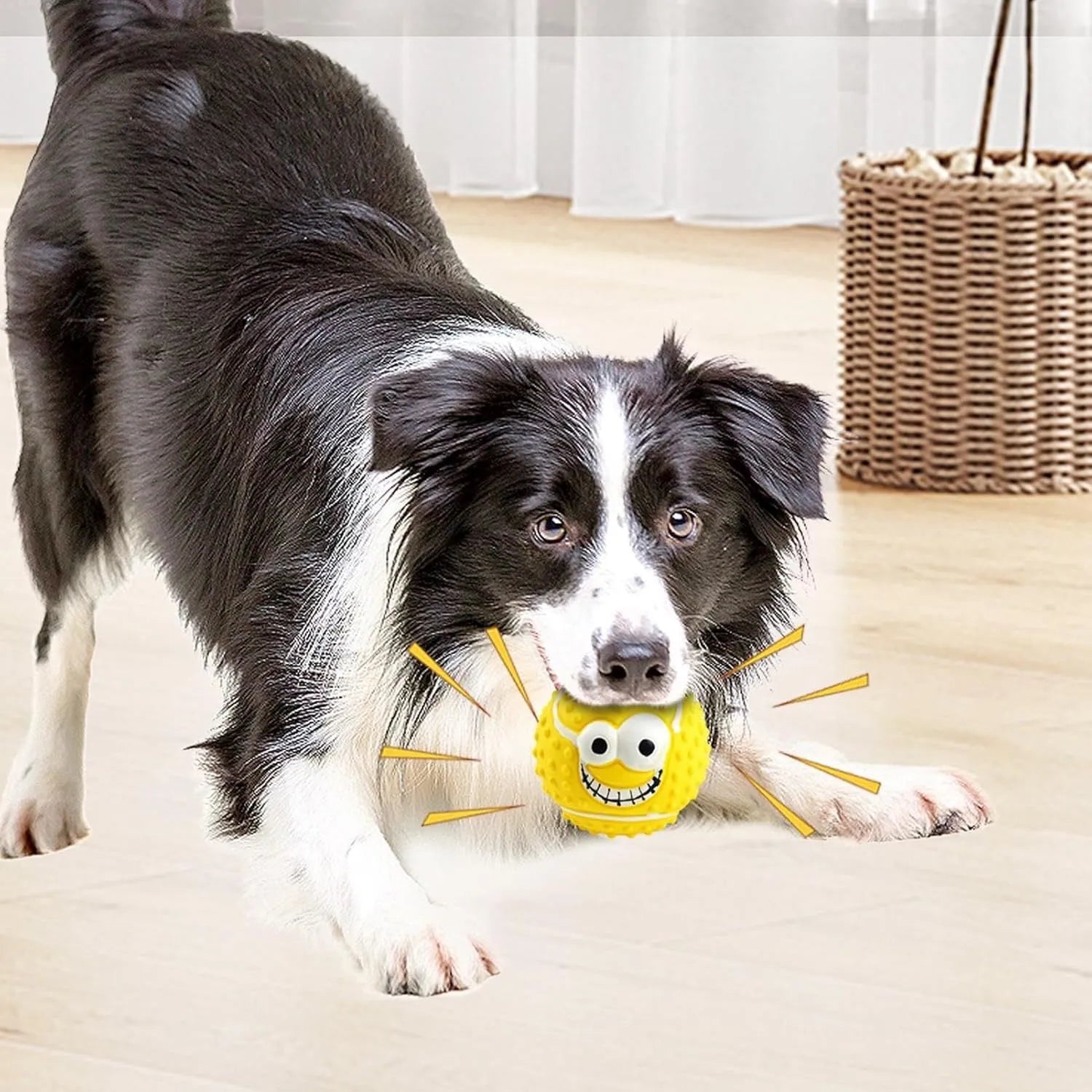 Green, orange, and yellow latex dog balls with smile faces, suitable for small to medium dogs