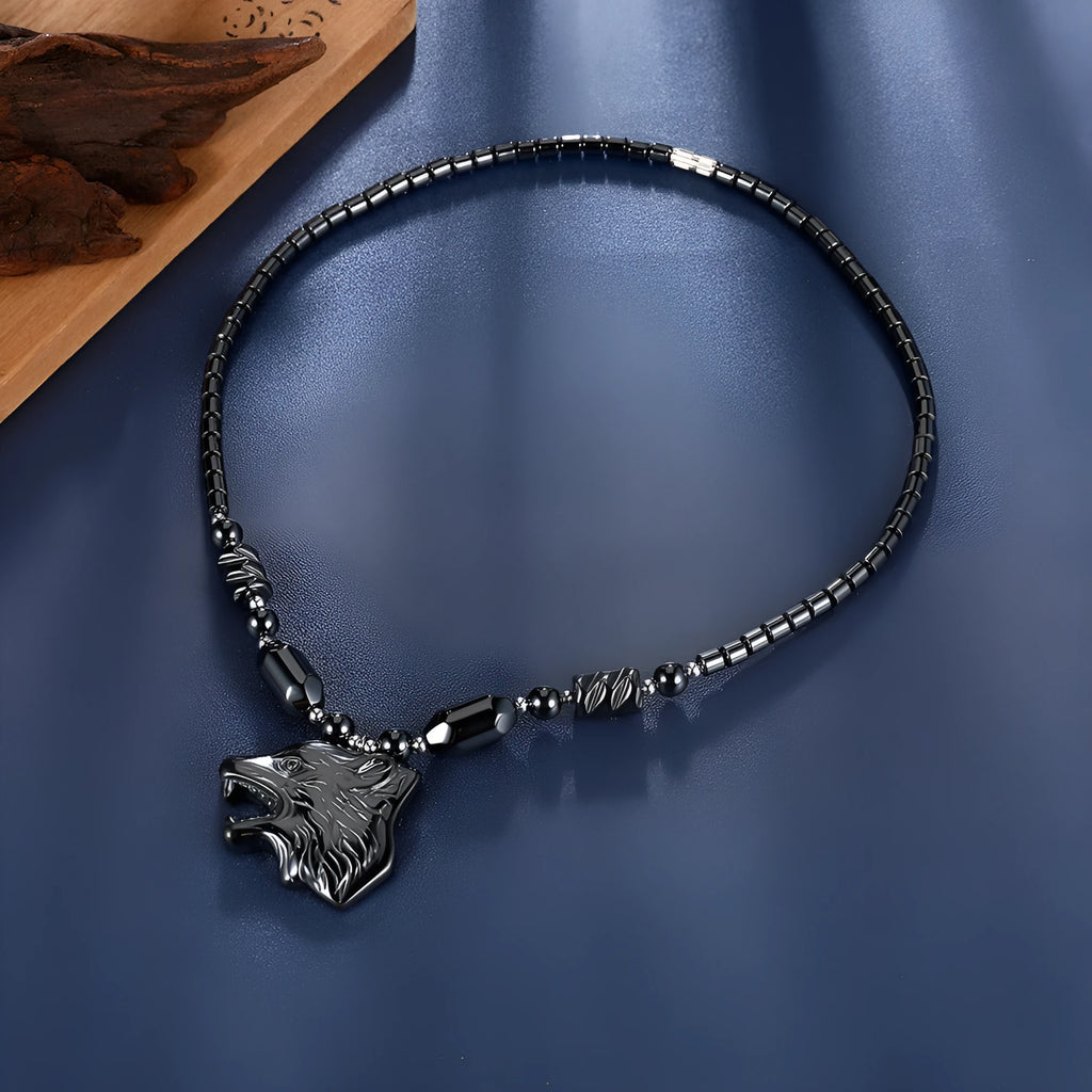 Copper wolf head pendant necklace with electroplated finish on adjustable water wave chain, colour LKNTRSN048