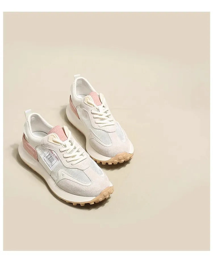 Women's grey retro low-top sneakers with round toe and flat rubber sole