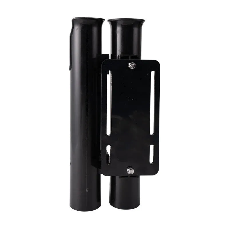 Black plastic fishing rod rack for bicycle and motorcycle mounting with clamp attachment
