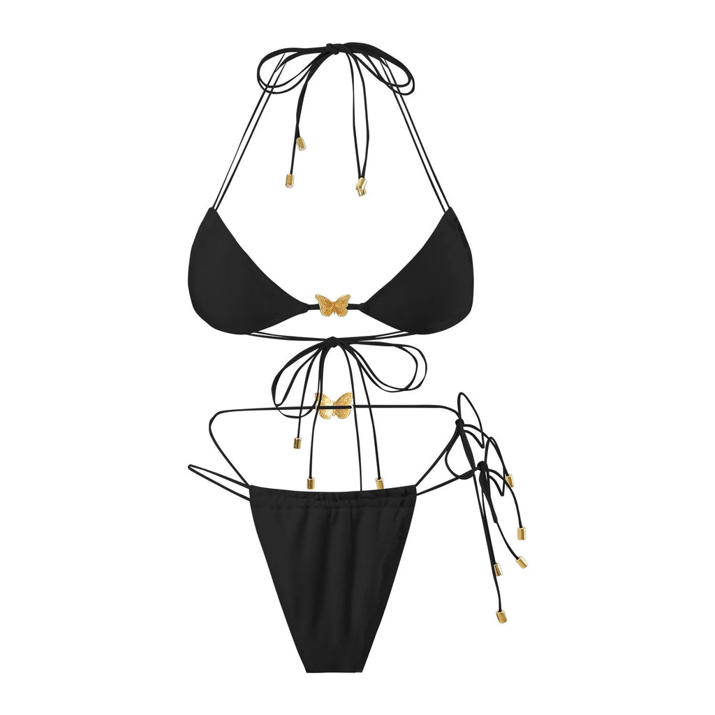 Women's elastic string butterfly ornament bikini set in solid colour with triangle top and tied split bottom