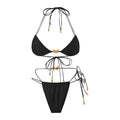 Women's elastic string butterfly ornament bikini set in solid colour with triangle top and tied split bottom