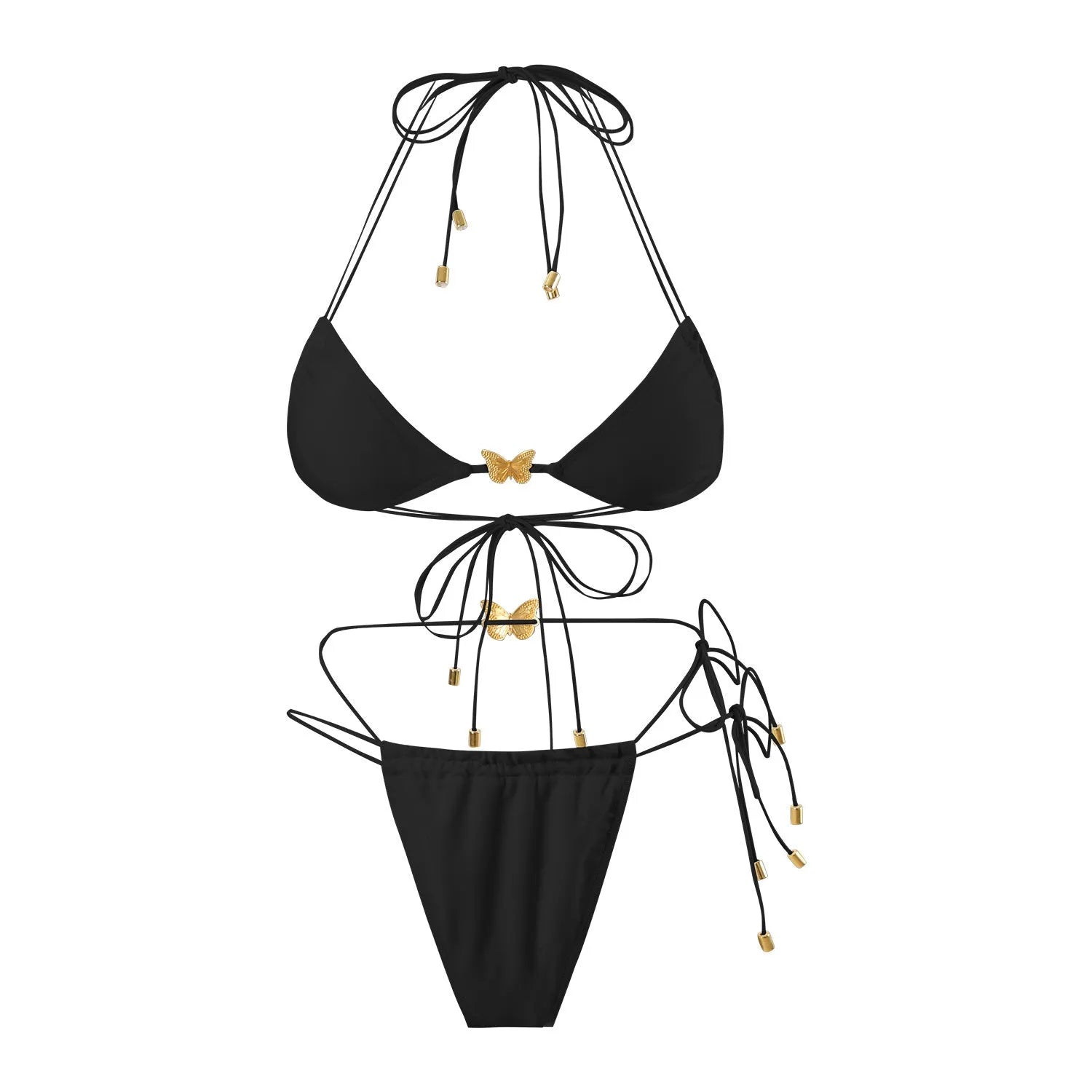 Women's elastic string butterfly ornament bikini set in solid colour with triangle top and tied split bottom