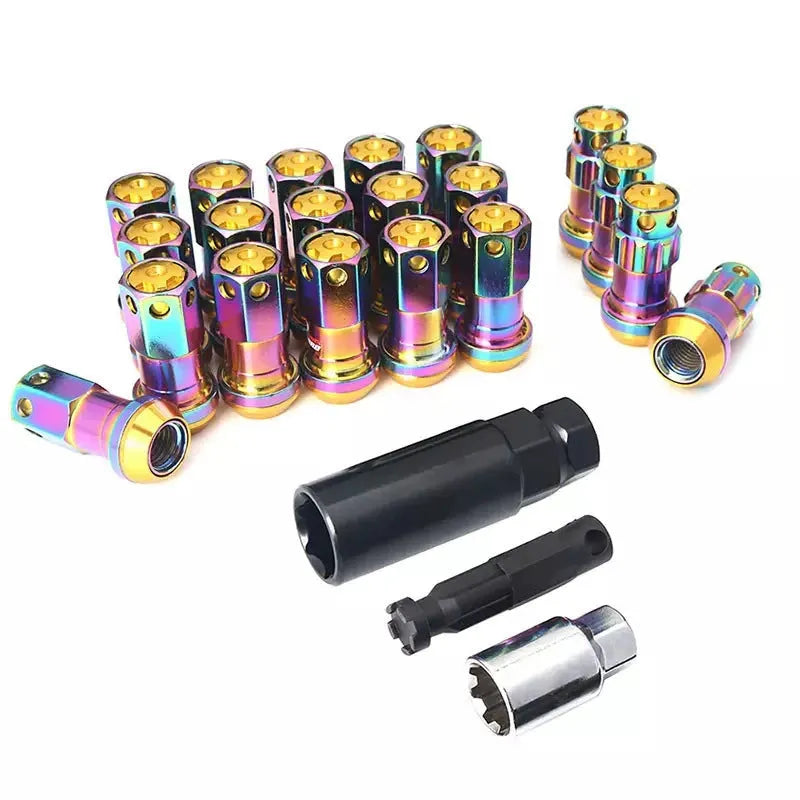 Universal aluminium alloy wheel hub nuts in multiple colour options with M12 threading