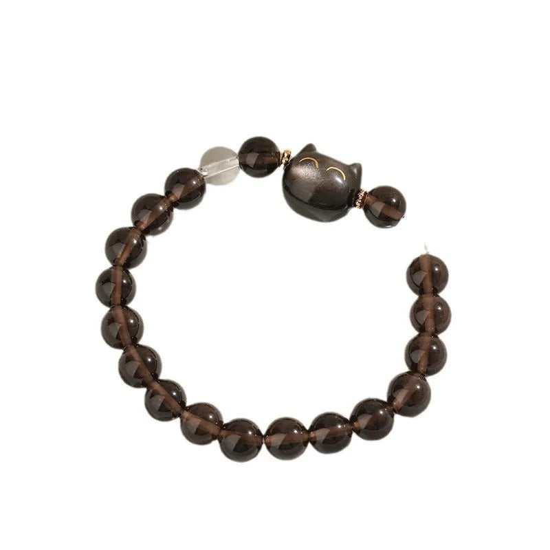 Women's silver stone cat head bracelet with 8mm ice stone beads and adjustable design