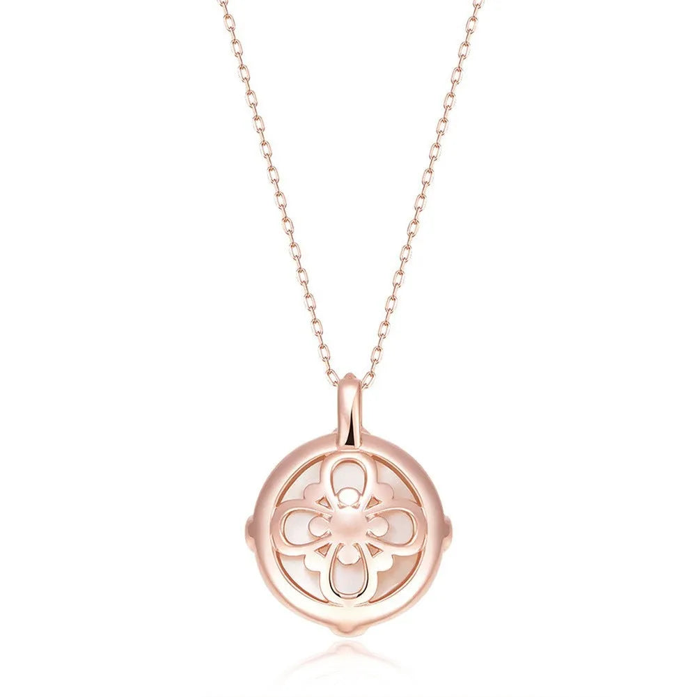 Fashion double-sided pearl necklace for women, white pearl mother shellfish pendant on copper base, floral geometric round shape