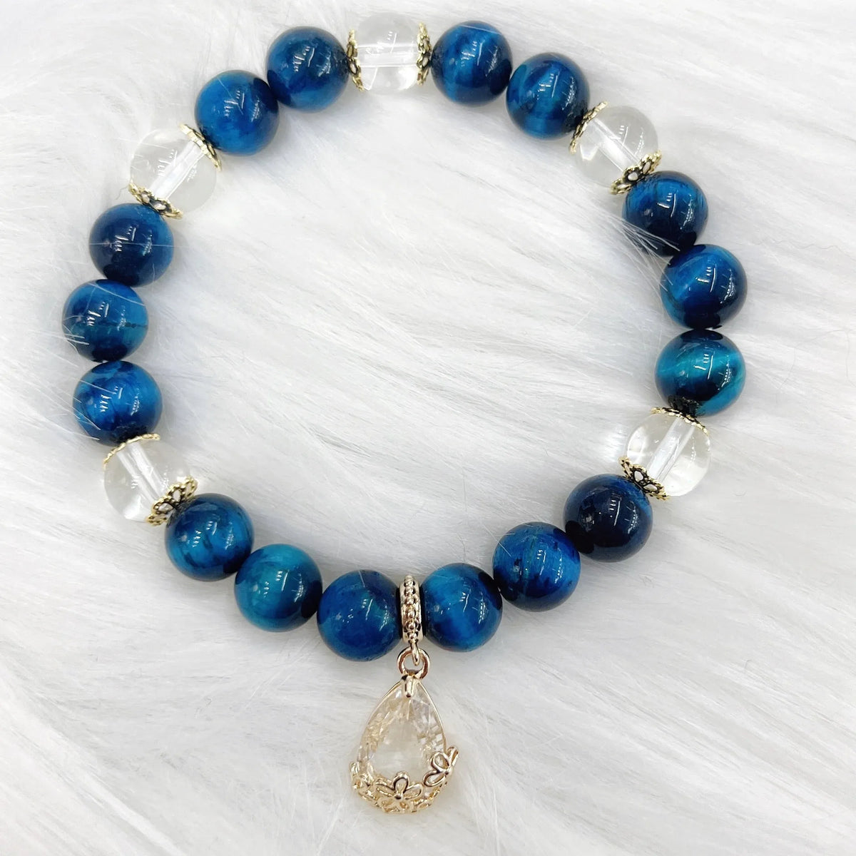 Blue tigereye drop-shaped bracelet for women with manual processing and colour-retaining finish