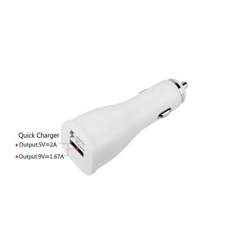 White QC2.0 single port USB car charger for fast charging smartphones and tablets in vehicles.