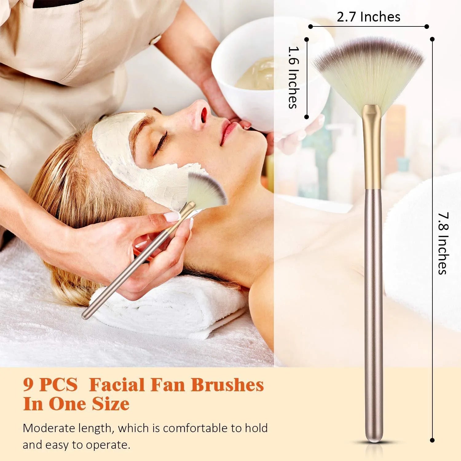Set of 10 champagne-coloured facial fan brushes with wooden handles on a white background.