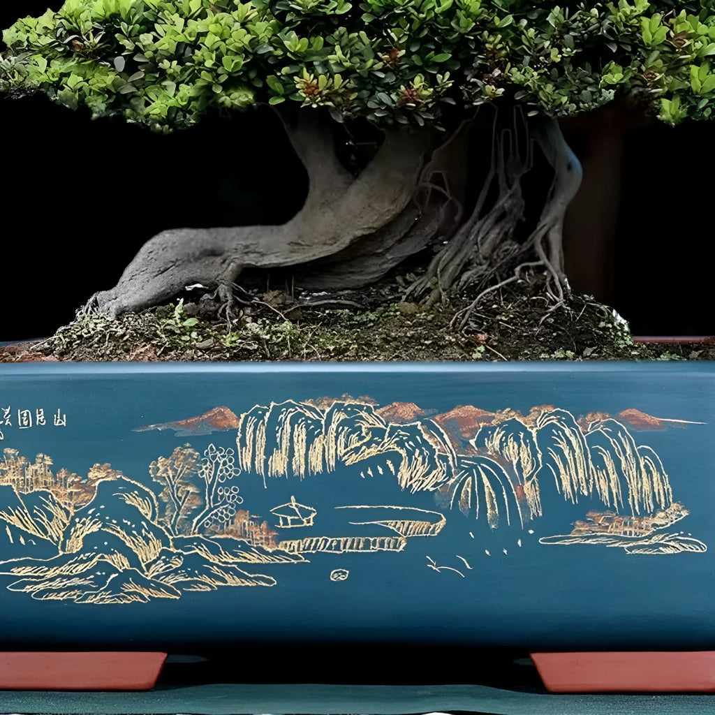 A deep blue black handmade rectangular purple clay bonsai pot on a wooden surface.