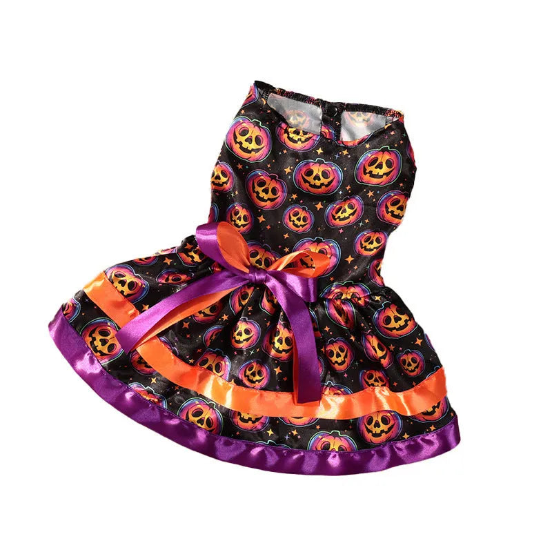 A double-layer Halloween pet skirt for dogs in a colourful pumpkin print, shown in size M.