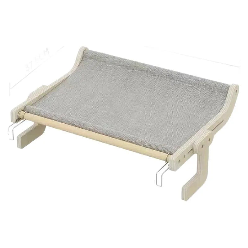 Extra large cat hanging bed with solid wood frame and canvas hammock, available in blue, gray, pink, or yellow for balcony or window use