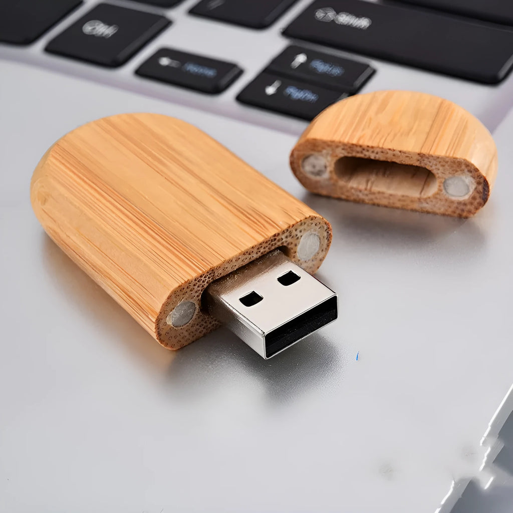 Wooden USB drive gift set in natural bamboo finish with box, dimensions 58x28x9 mm