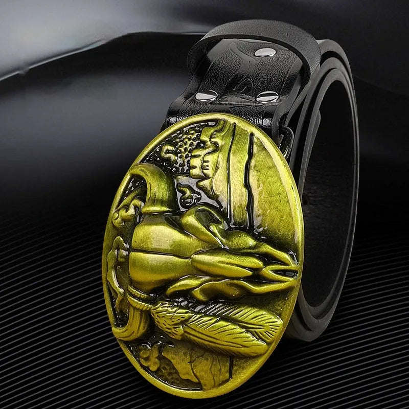 Men's black imitation leather belt with detailed alloy cow head buckle and pin fastening