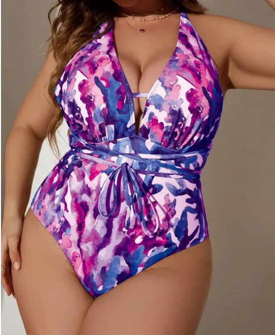 Purple halter-neck one-piece swimsuit with solid colour design for adult women