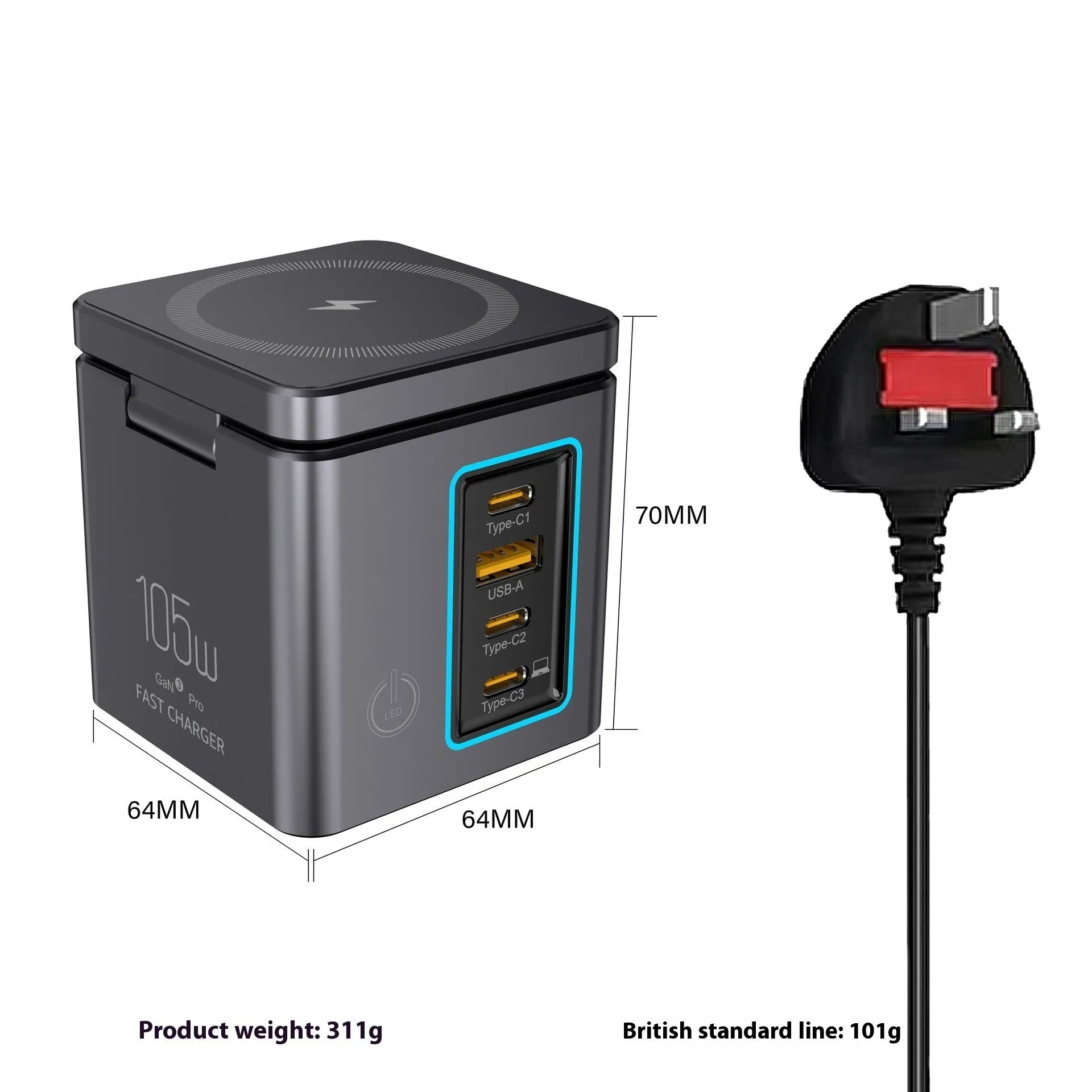 105W Gallium Nitride magnetic wireless charger in black with UK plug, universal travel charger