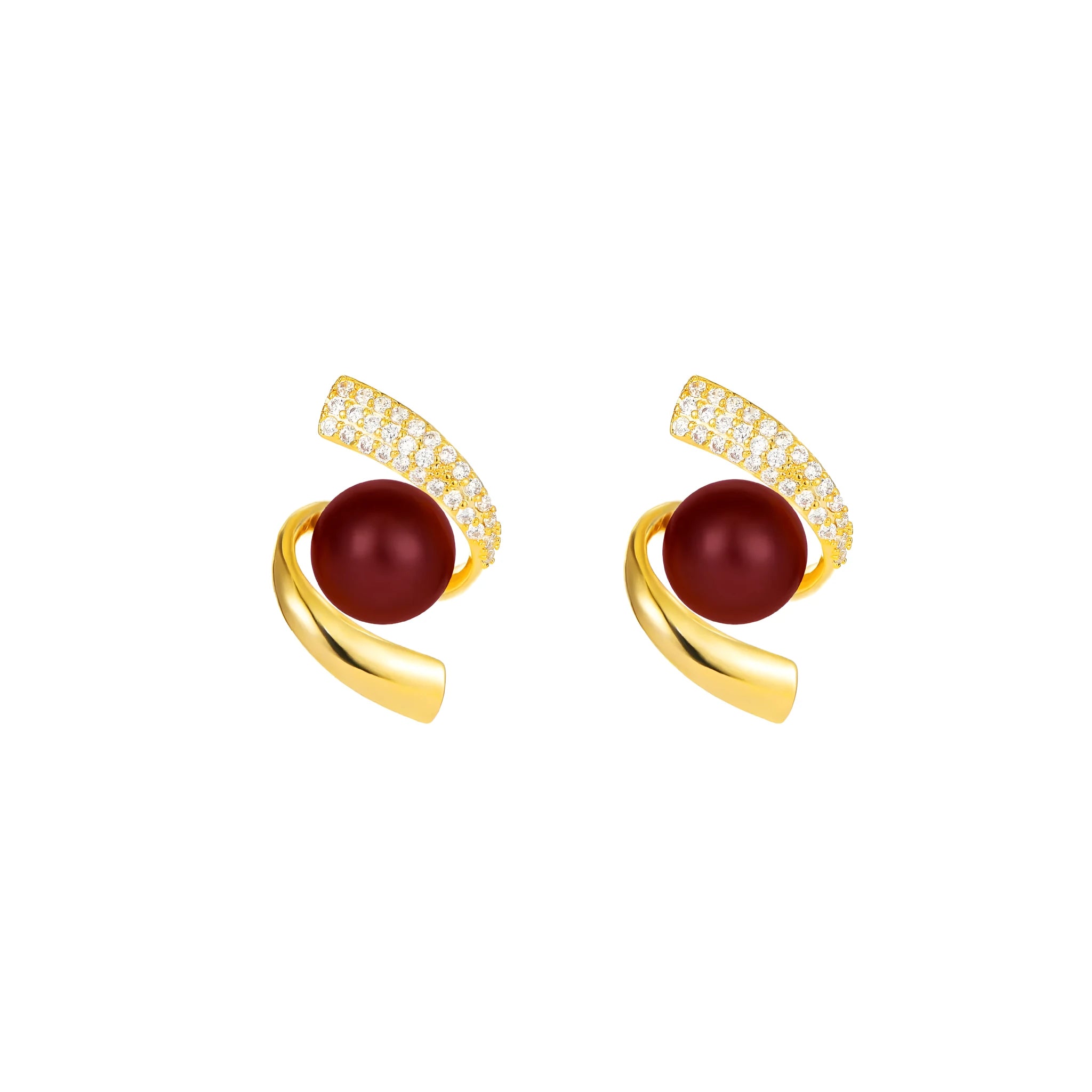 Set of two French pearl and cubic zirconia gold-plated earrings styles on a light background