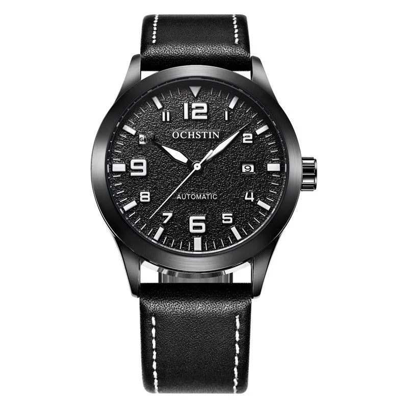 Men's retro automatic watch with leather strap in silver and army green colour option.