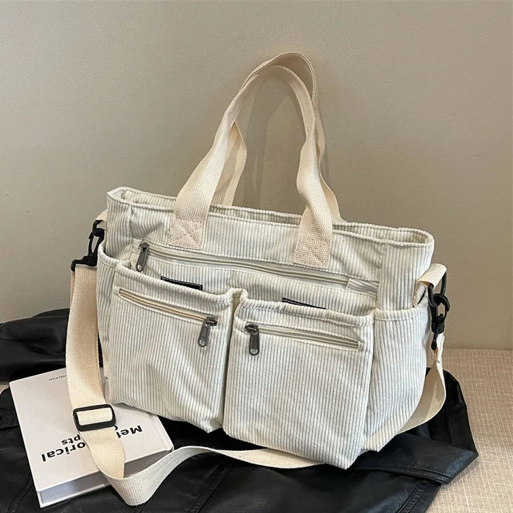 Large capacity women's soft corduroy shoulder messenger bag in beige, horizontal square shape