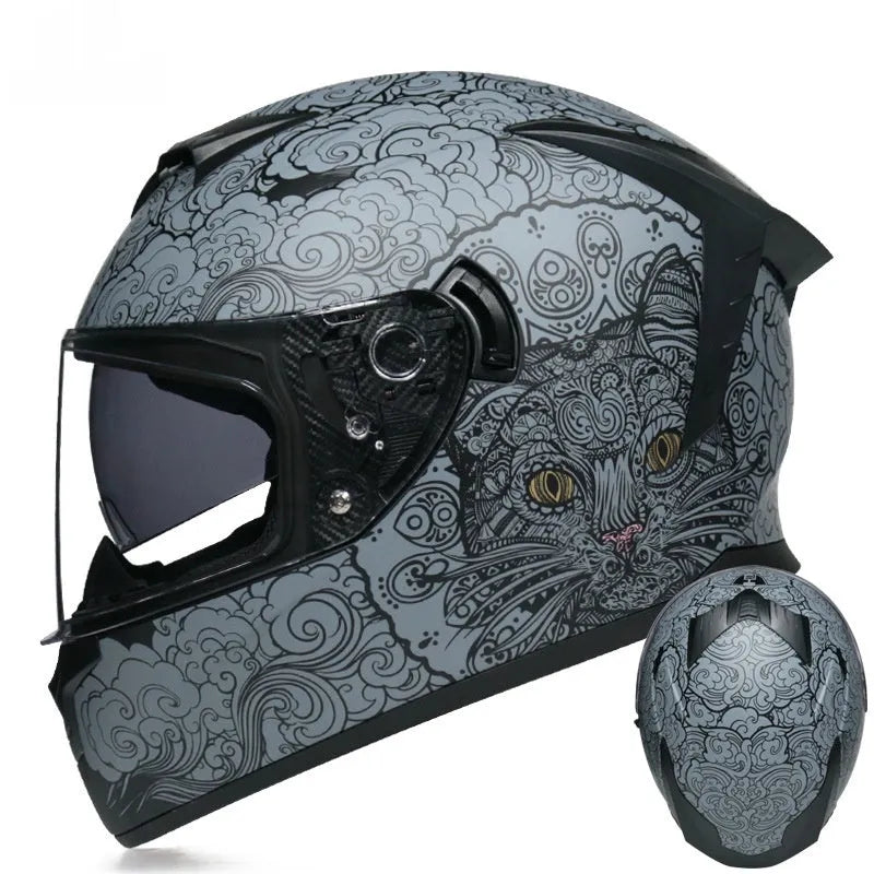 Men's and women's full face motorcycle helmet with double lens ABS shell in Matte Black