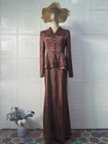 Dark brown women's long sleeve retro dress with plant and flower print, showcasing fake two-piece design and button details.
