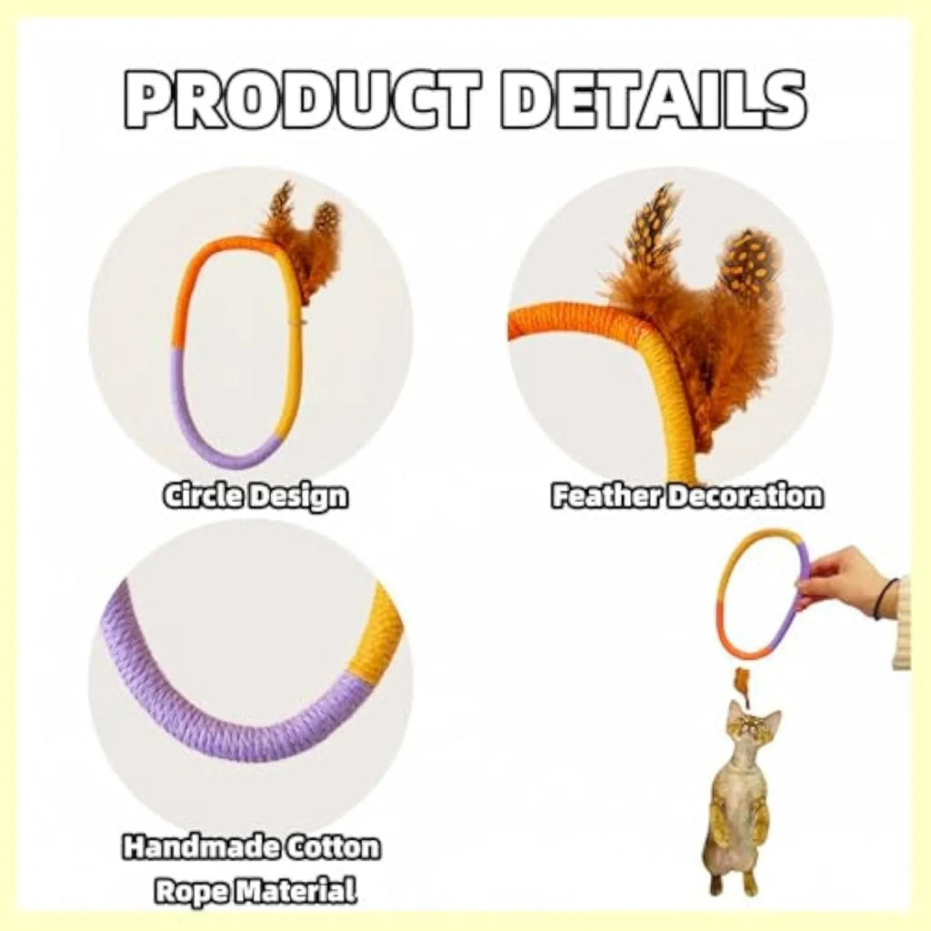 Green cotton rope circular cat toy with feathers and catnip for interactive play