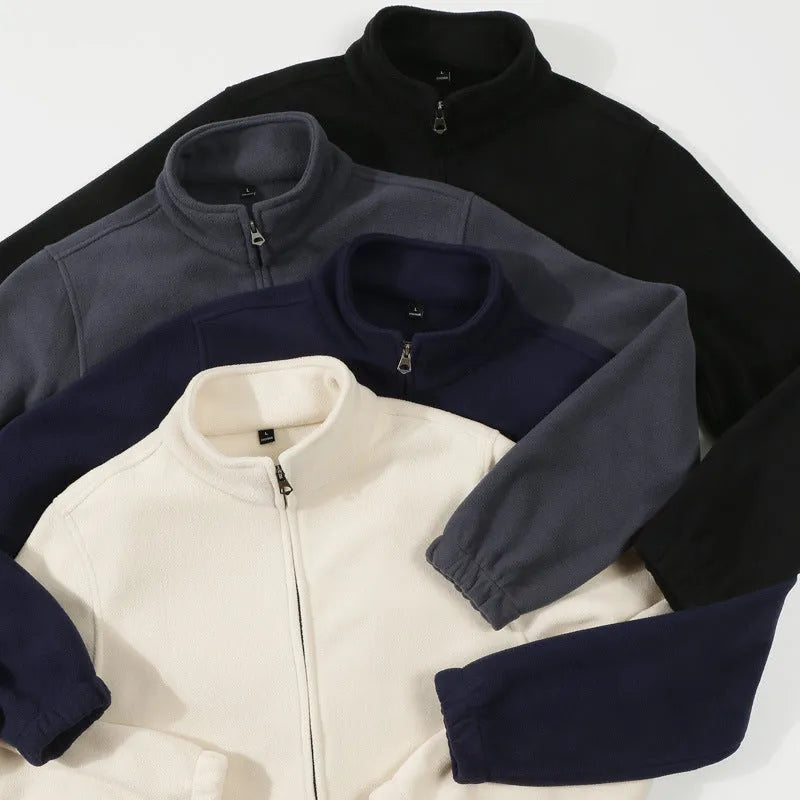 Men's double-sided polar fleece stand-up collar zipper sweatshirt in beige, loose cardigan style with patch pocket