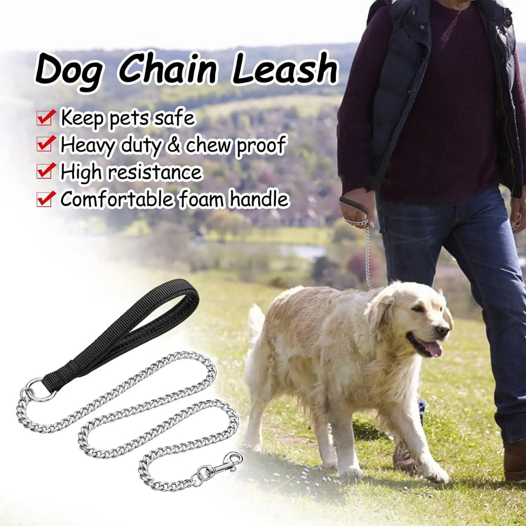 Heavy duty metal dog leash with soft padded handle and chew-proof chain in black, blue, or red